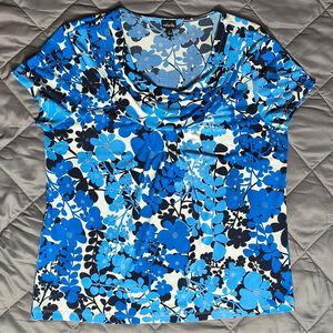 (L) Women's Rafaella Blue and White Floral Cowl Neck Blouse